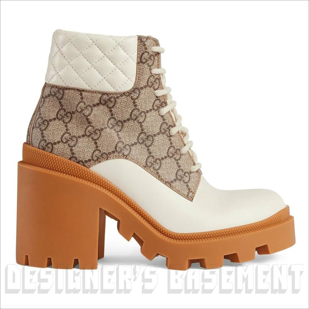 GUCCI 40 beige GG canvas quilted Leather TRIP logo platform Combat ankle Booties - Picture 13 of 14